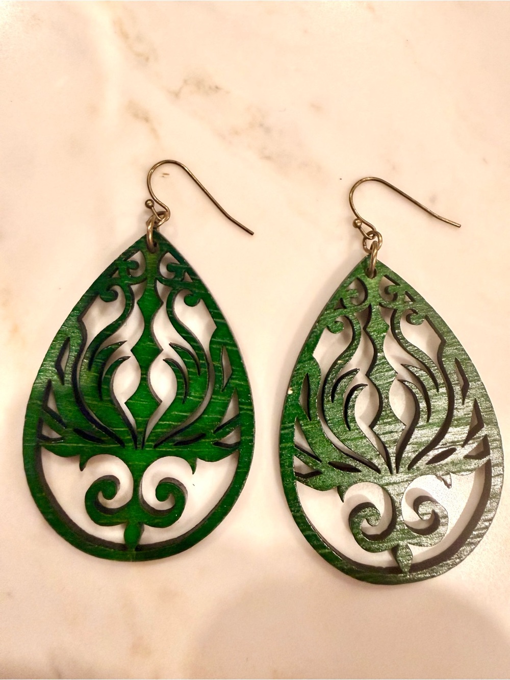Green Teardrop Cutout Wood Earrings